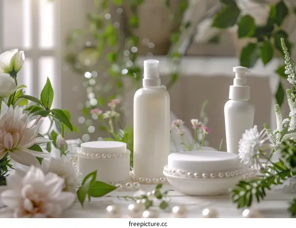 White cosmetic bottles and cream jars with pearls and flowers