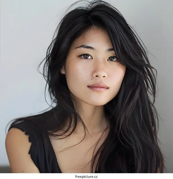 Asian Woman with Long Black Hair and Simple Black Top