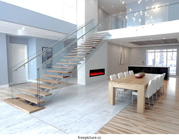 Modern Open-Concept Dining Room with Glass Staircase