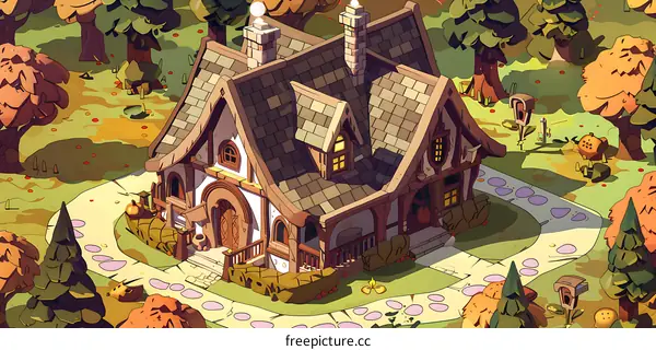 Cute Cartoon Cottage With Garden Path Illustration