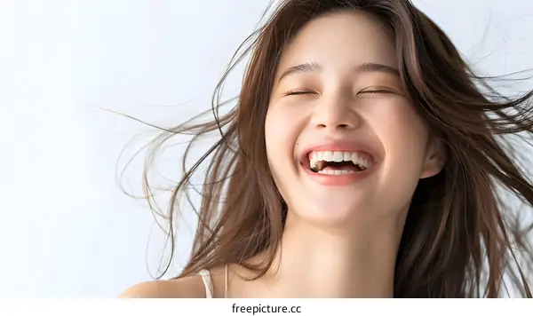 Smiling Asian Woman with Wind Blowing Through Hair