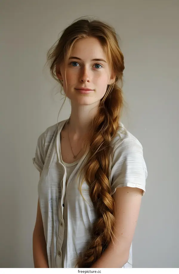 Portrait of a young woman with long red hair