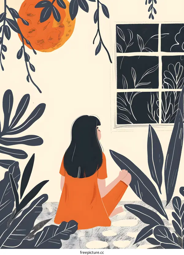 Woman Sitting by the Window Looking at the Moon