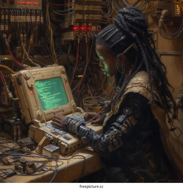 A Black woman with dreadlocks works on a computer in a dimly lit room