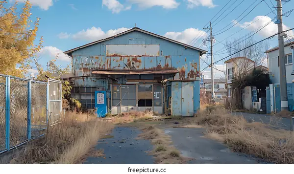 Abandoned blue warehouse with Japanese characters