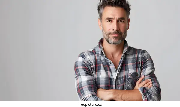 Portrait of a Confident Middle Aged Man with Grey Hair and Beard Wearing a Plaid Shirt