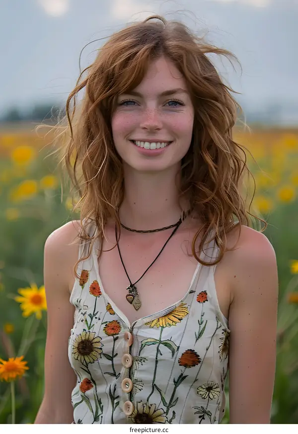Young Woman Smiling in a Field of Sunflowers