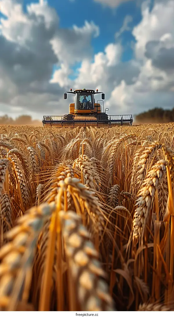 A farmer harvests wheat in a field using a combine harvester