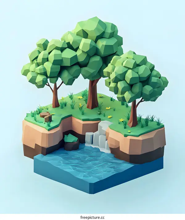 Low Poly 3D Illustration of a Green Forest Scene