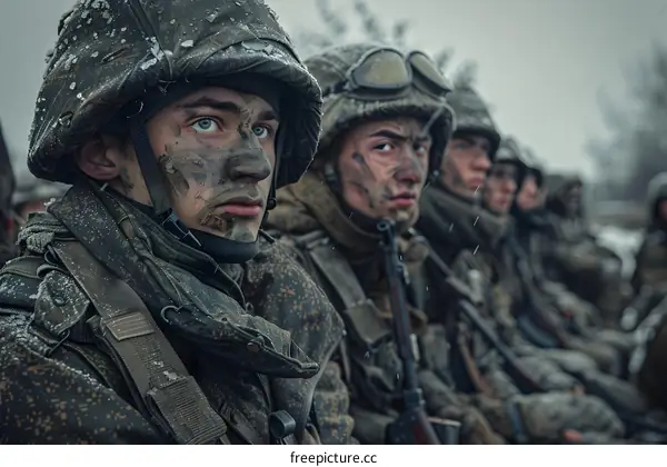 Military Men in Camouflage and Helmets in Winter