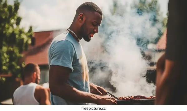 African American Man Grilling Food Outdoors with Smoke