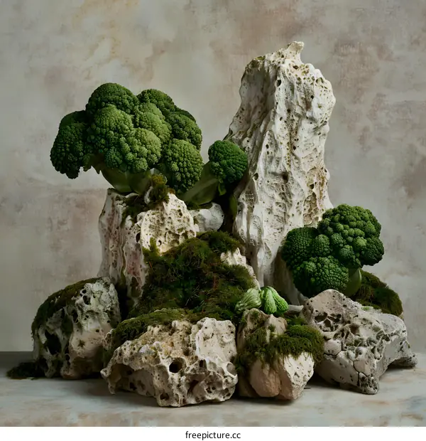 Green Broccoli on White Rocks with Moss