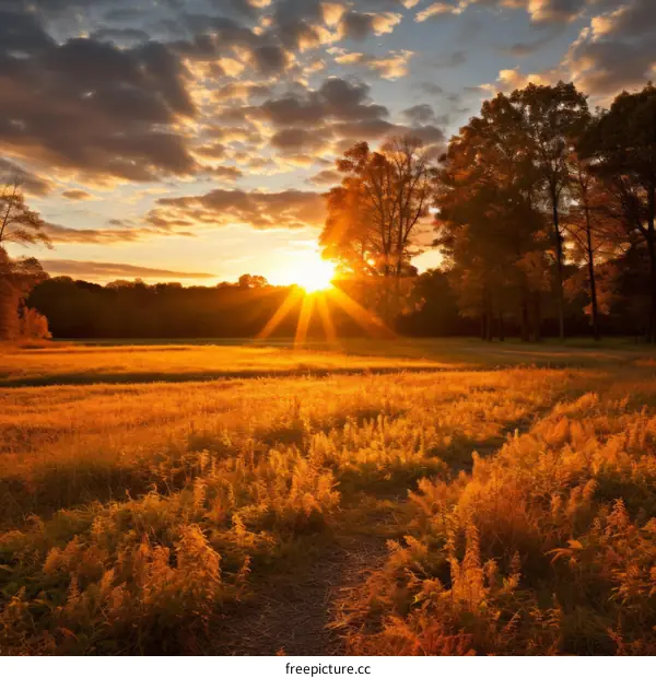 The setting sun casts long shadows across the golden field