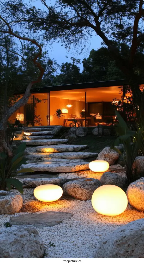 Modern Garden Pathway with Outdoor Lighting Design