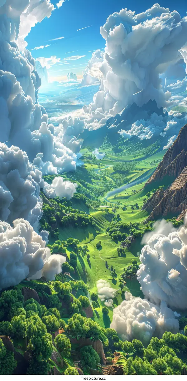 A Colorful Fantasy Landscape with Fluffy Clouds
