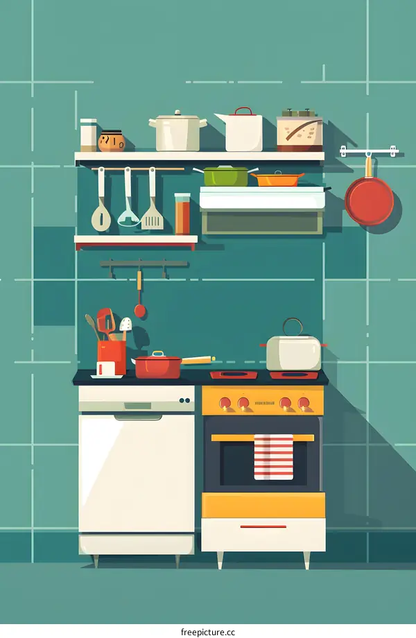 Kitchen Interior With Appliances And Utensils