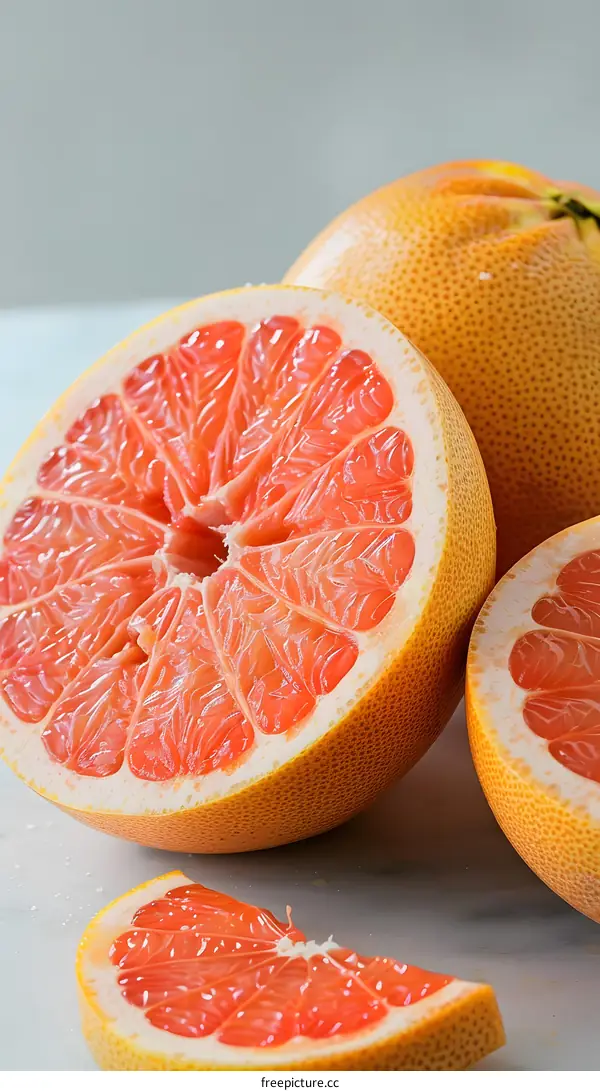 Freshly Sliced Grapefruits on White Countertop