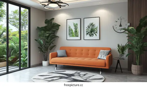 Modern Living Room with Orange Sofa and Plants