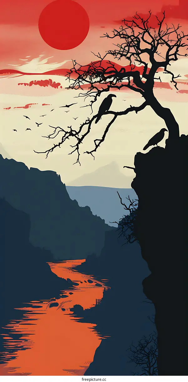 Silhouette of a Dead Tree and Birds on a Mountain Cliff