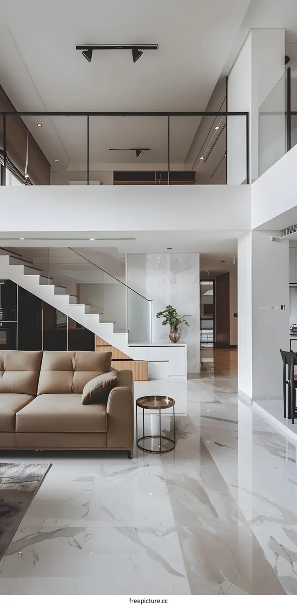 Modern Minimalist Interior Design With White Marble Floor And Stairs