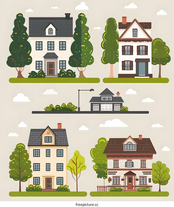 Four Different Styles of Houses with Trees and Clouds
