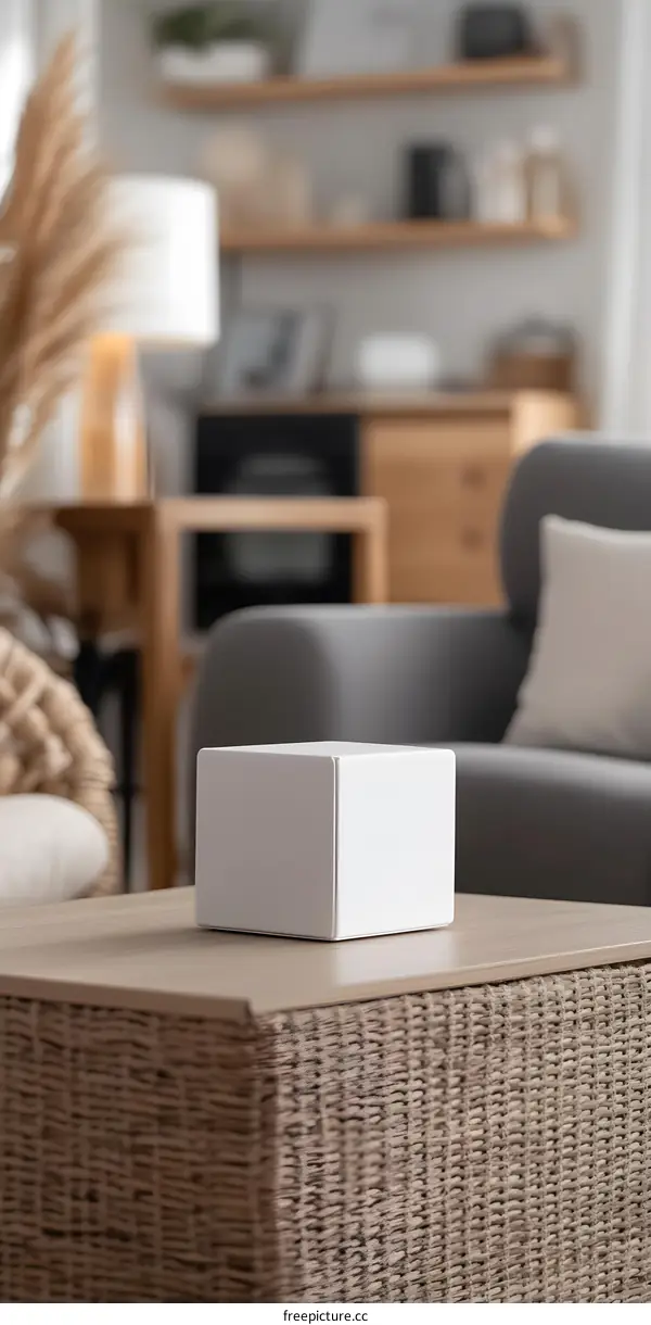 White Cube On Woven Coffee Table In Living Room