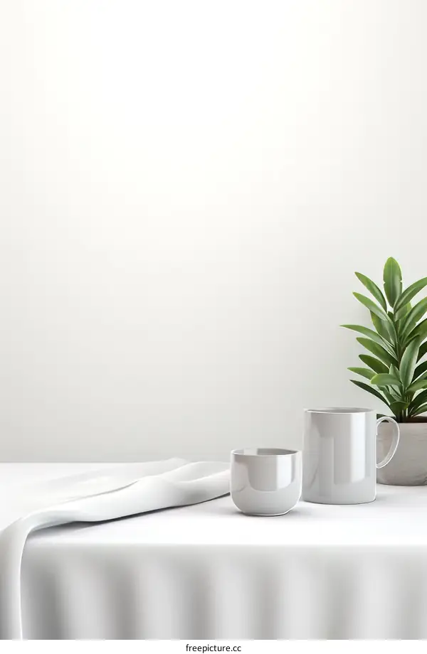 White minimalist still life with plant and cups