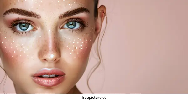 Close up portrait of a beautiful young woman with freckles on her face