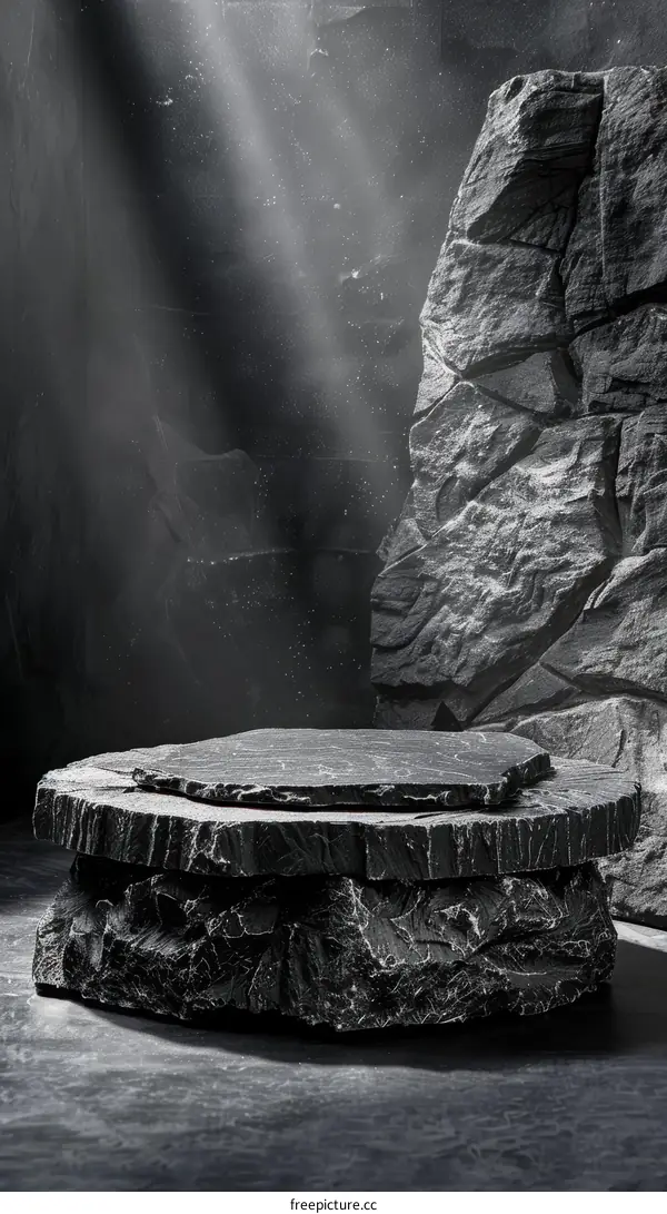 Black stone podium with rock background for product display