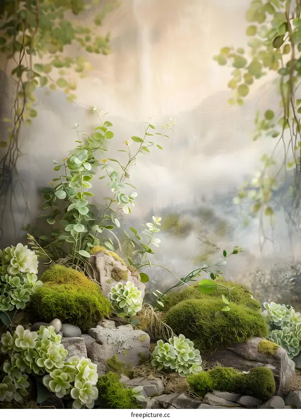 Green Mossy Stones with Mountain View Background