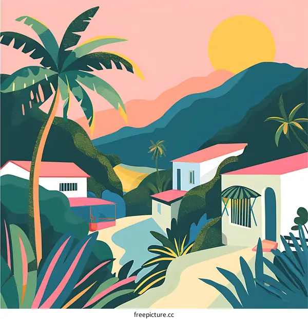 Tropical Village Illustration with Palm Trees and Mountain Landscape