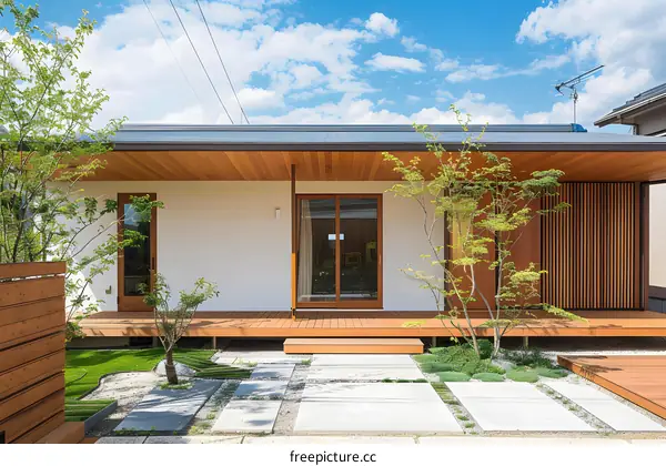 Modern Japanese Style House Exterior Design With Wooden Deck
