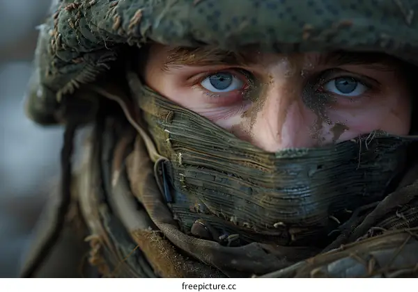 Close Up Portrait of a Soldier with Blue Eyes
