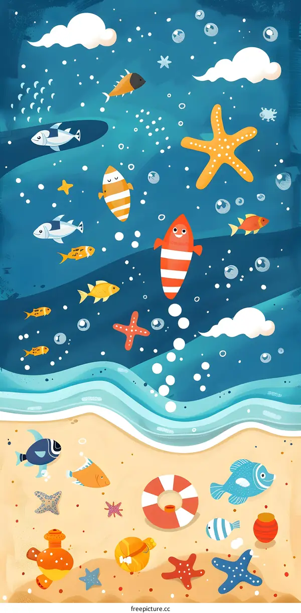 Colorful Cartoon Sea Life Illustration with Fish, Starfish, and Clouds
