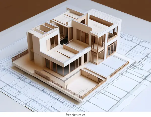 Modern House Model On Blueprint