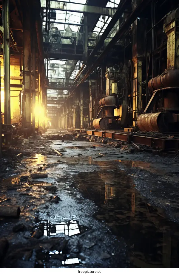 An abandoned factory building with broken windows and rusty pipes