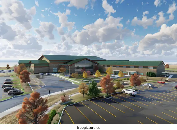 Modern Building with Green Roof and Parking Lot