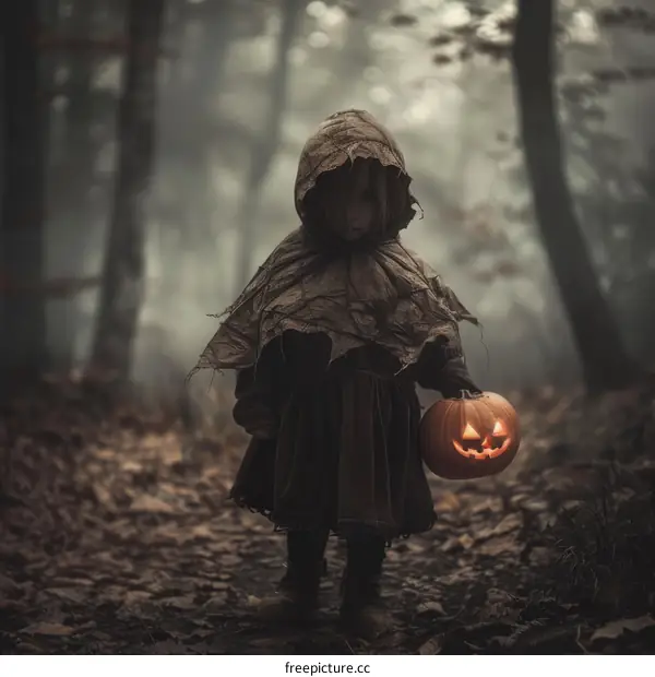 Lost Little Girl Carries Mysterious Pumpkin in the Forest at Night