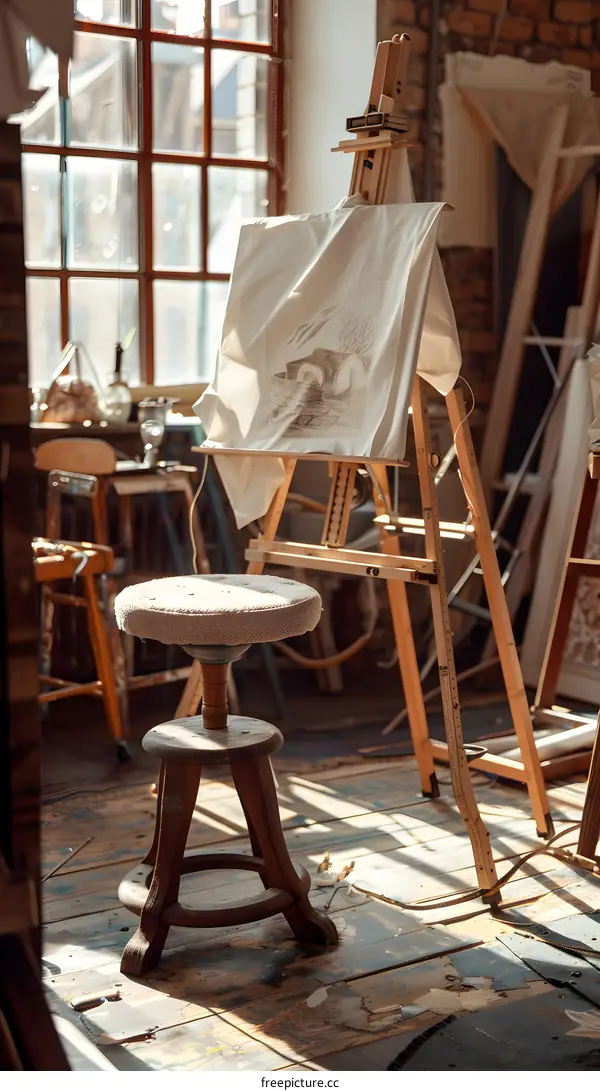 Wooden Easel with Canvas in Artists Studio