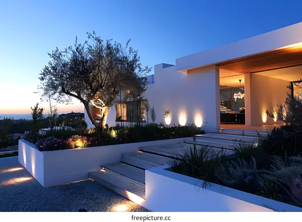 Modern House Exterior with Olive Tree and Stone Patio