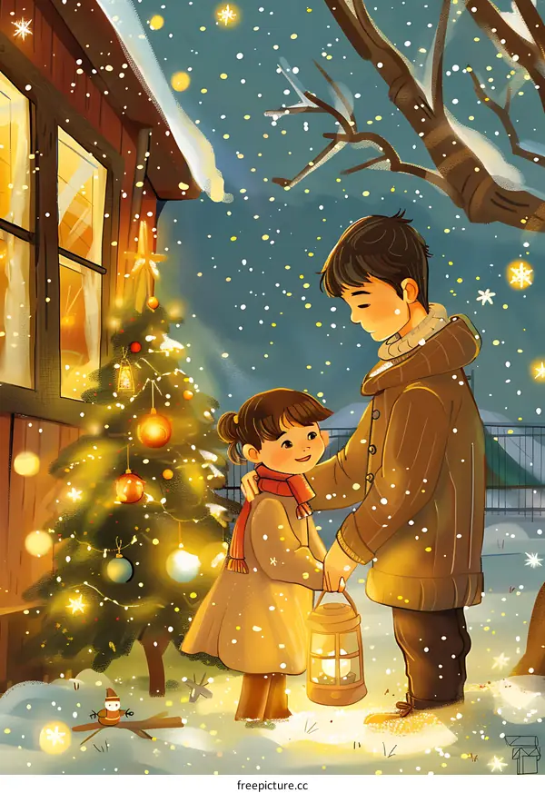 Winter Wonderland Christmas Scene With Family