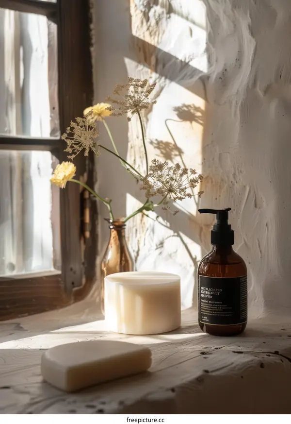 Natural organic soap and shampoo bottles with flowers by the window