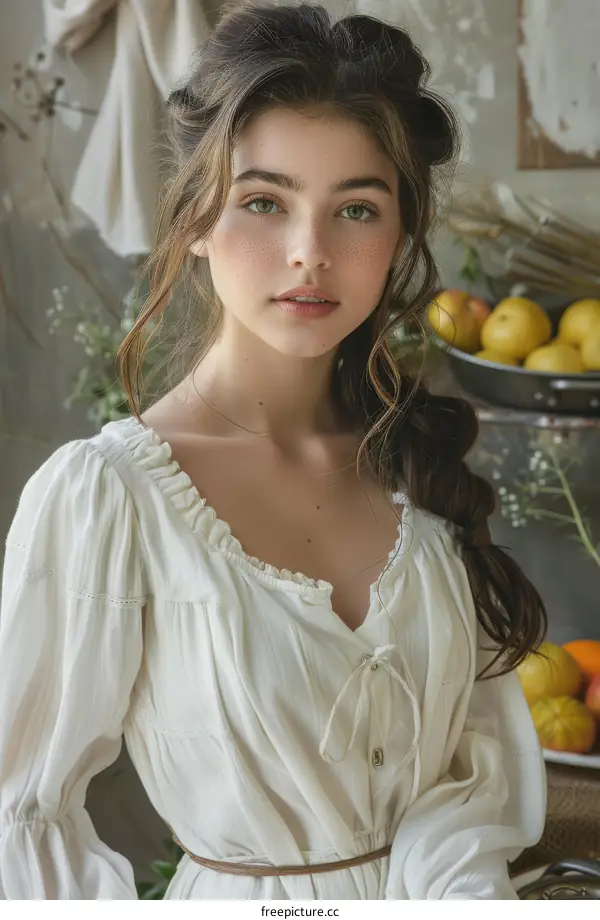 portrait of a beautiful young woman with long brown hair wearing a white dress
