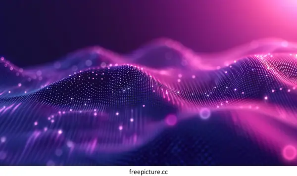 Purple blue abstract digital landscape with glowing particles and light rays