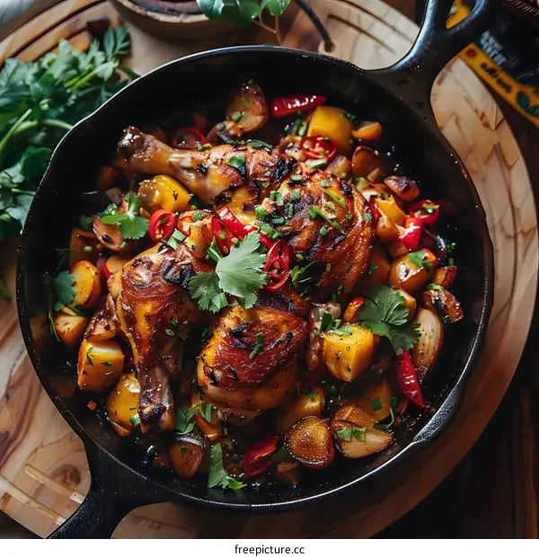 Chicken and Potatoes in a Cast Iron Skillet