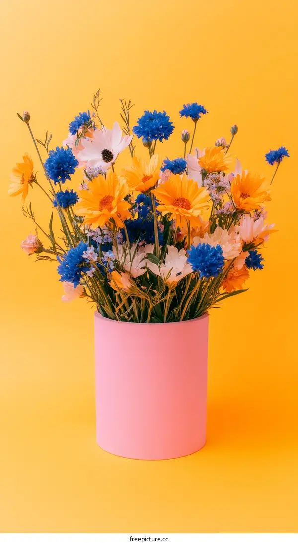 Colorful Flower Bouquet in a Pink Vase