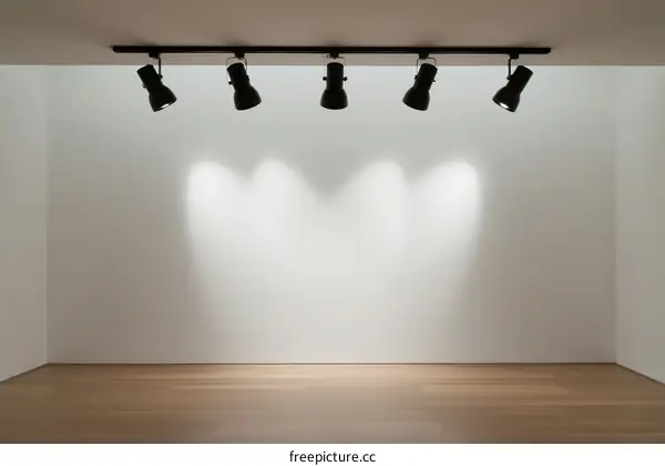 Empty room with spotlights on white wall and wooden floor