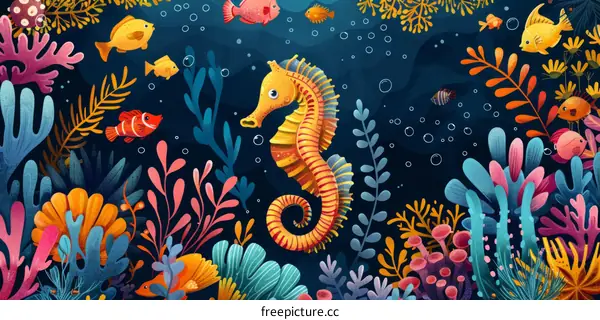 Seahorse and Tropical Fish in a Vibrant Underwater World