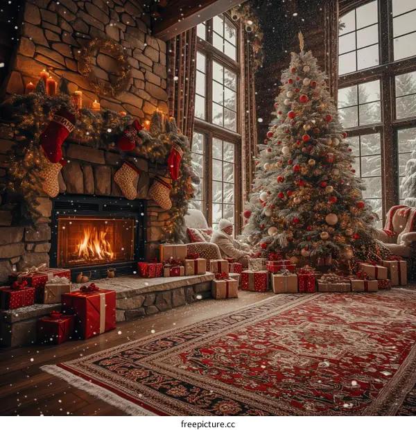 A cozy living room with a fireplace, Christmas tree, and presents