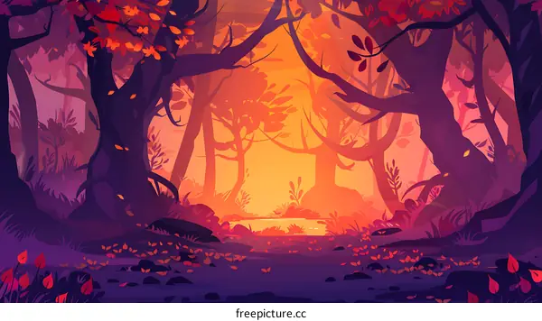 Autumn Forest Scene with Colorful Sunset